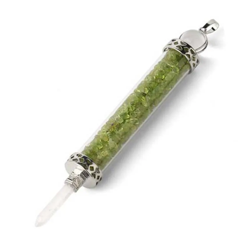 KFT Natural Healing Crystal Quartz Tourmaline Lapis Lazuli Long Pillar Wishing Bottle Reiki Stone Pendulum Pendant Jewelry