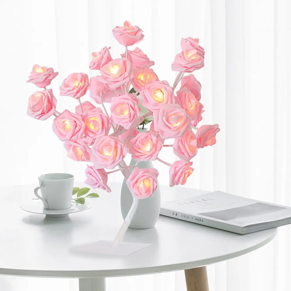 24 LED Pink Rose Flower Table Lamp Home Decoration Rose Tree Light Night Lamps for Christmas Party Wedding Living Room Decor