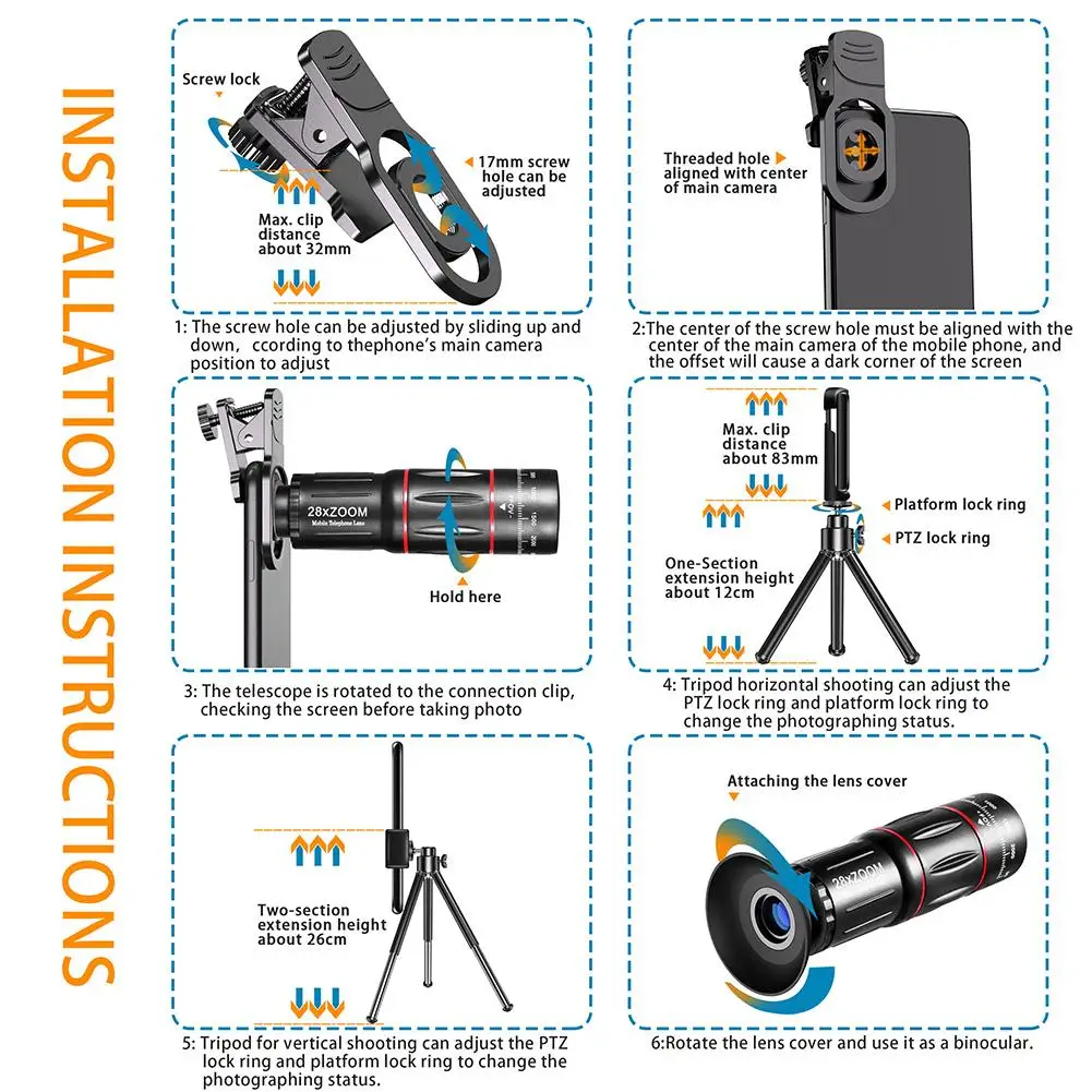 4 em 1 lente telefoto com suporte para celular e tripé, zoom 28x, para iphone