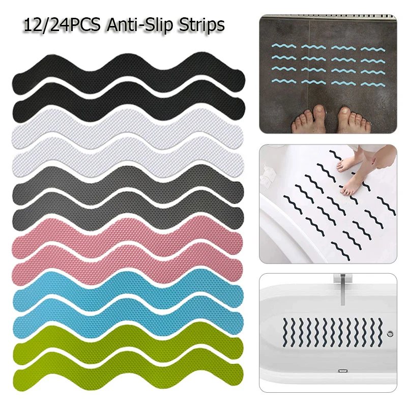 12/24pcs Self-Adhesive Anti Slip Strips S Shaped Shower Stickers Safety Strips Bathtub Non Slip Waterproof Bathroom Tape Mat