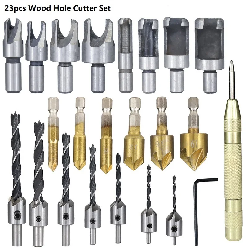 XCAN Wood Drill 23/39pcs Countersink Drill Bit Wood Plug Cutter with Automatic Center Punch Woodworking Tools Chamfering Drill