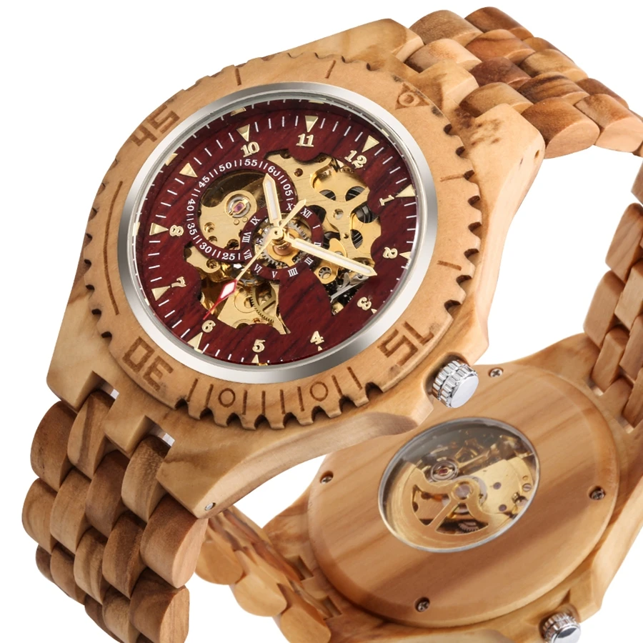 Men\'s Watch Top Luxury Mechanical Watch Automatic Red Skeleton Cherry Wood Clock Men Full Wooden Band Casual Wristwatch Retro