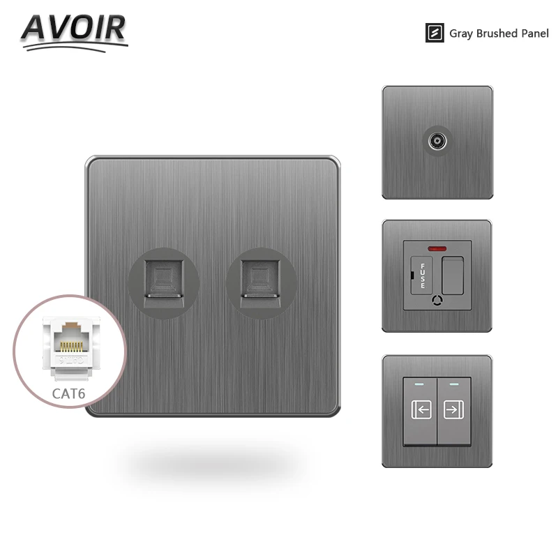 

Avoir Electrical Sockets Outlets Withe Gray Brushed Panel CAT6 TV RJ45 Network Internet Phone Socket For Home Outlet Adapter