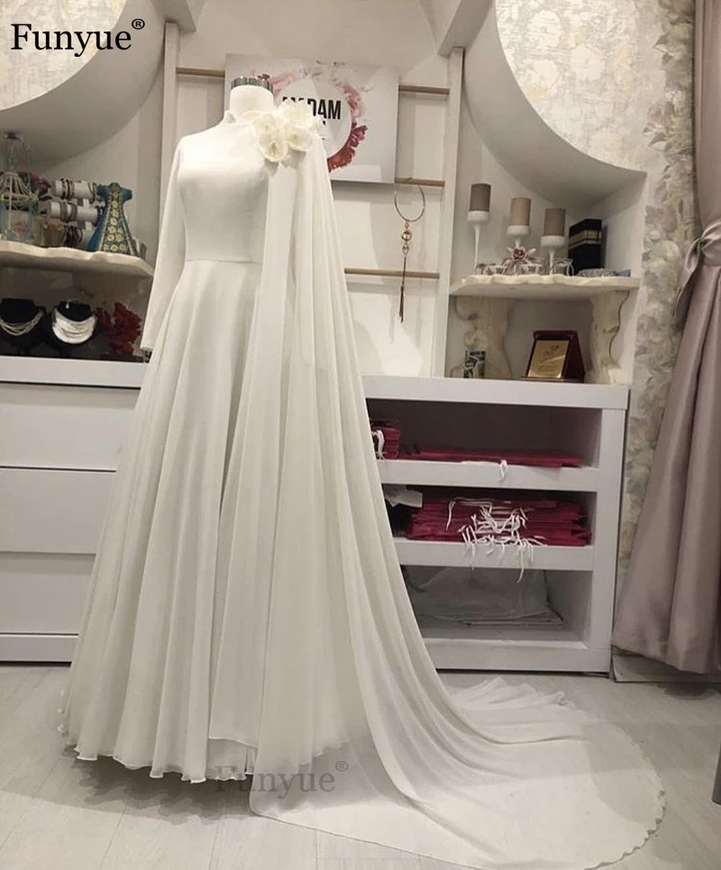 White Muslim Long Sleeve Wedding Dresses A-Line Vestido De Noiva 2022 Flowers Chiffon Elegant Dubai Arabic Hajab Bridal Gowns