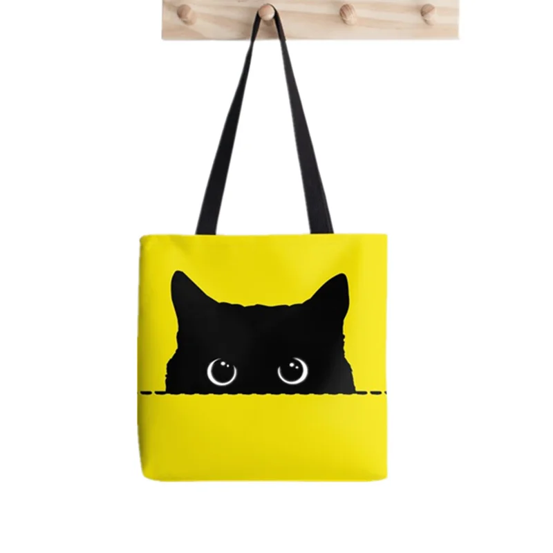 

2021 Shopper Black cute Cat Peeking Print Tote Bag women Harajuku shopper handbag girl Shoulder shopping bag Lady Canvas Bag