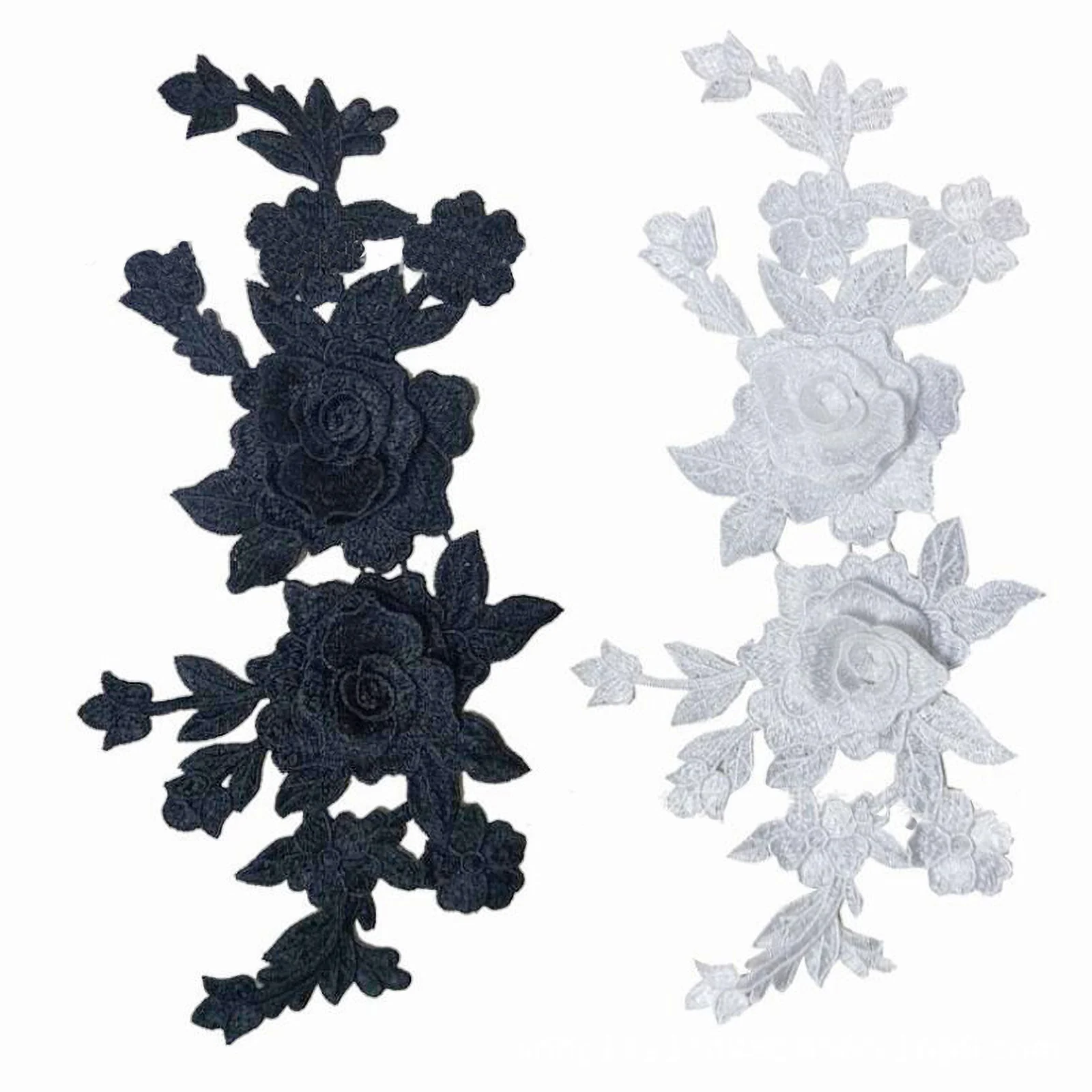 1 Pc Black White 3D Roses Flowers Embroidery Sew On Patches Sewn Applique Embroidered DIY Clothes