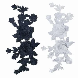 1 Pc Black White 3D Roses Flowers Embroidery Sew  On Patches Sewn Applique Embroidered DIY Clothes