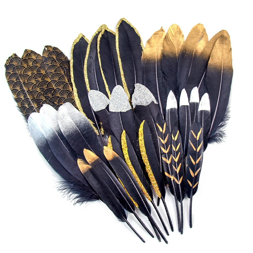 20PCS Beautiful Natural Goose Feathers 5-7 inch Dipped Gold Black Goose Feather for DIY Wedding Plumes Crafts Decoration