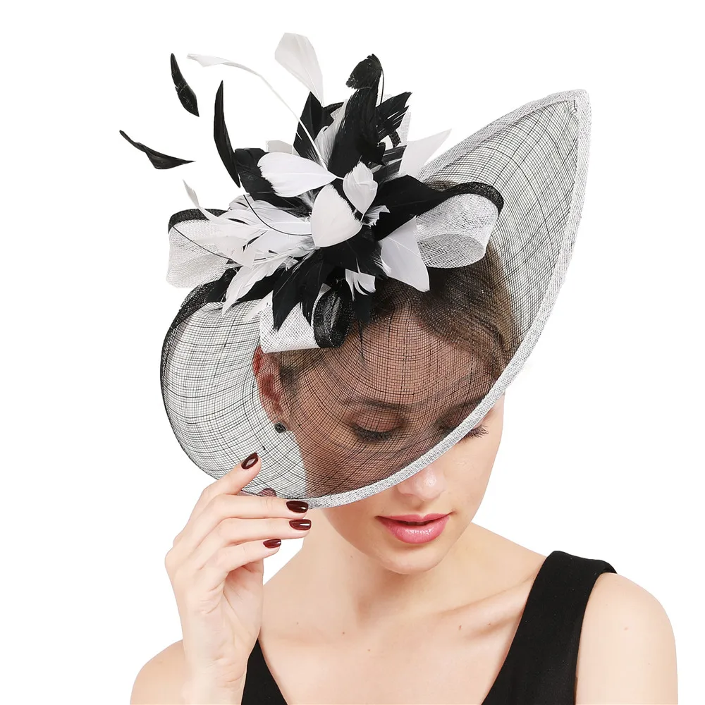 Elegante Sinamay Fascinator Hüte mit Feder blume Sinamay Trims Cocktail und Race Hüte Hochzeit Braut Kopf bedeckung mehrere Farben – Detail 3