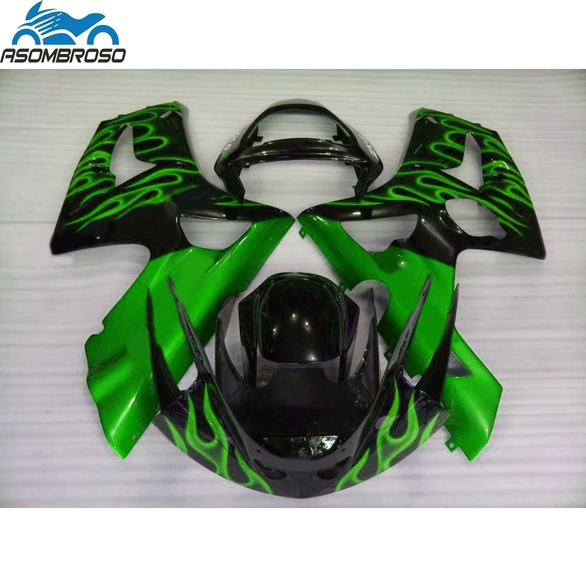 

New Arrival Injection Motorcycle Bodyparts for Kawasaki Ninja ZX6R fairing kit 2003 2004 green flames black set zx6r 03 04 BN12