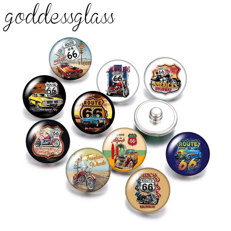 

New Fashion Route 66 motorcycle cars 10pcs Round photo 12mm/18mm snap buttons for 12mm/18mm snap necklace DIY findings jewelry