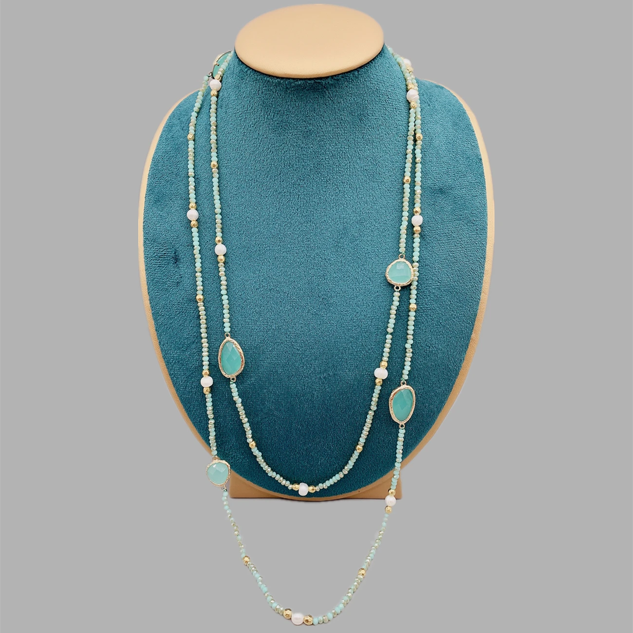 Faceted Cut Irregular Aqua Quartz Long Necklace With 5-6mm White Freshwater Pearls 2mm Crystals And Hammered Gold Beads 50 Inch