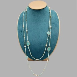 Faceted Cut Irregular Aqua Quartz Long Necklace With 5-6mm White Freshwater Pearls 2mm Crystals And Hammered Gold Beads 50 Inch