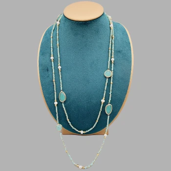 Faceted cut irregular Aqua quartz long necklace with 5-6mm white freshwater pearls 2mm crystals and hammered gold beads 50 inches