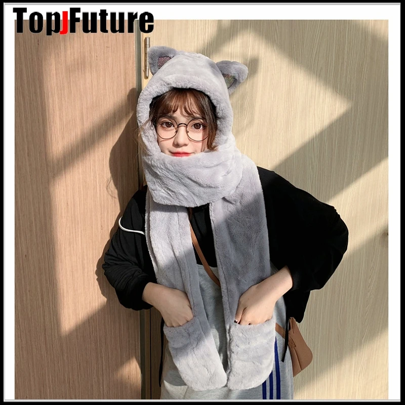 Harajuku Korean Japanese cute girl gloves cat bear ear scarf  hat gloves  one-piece cap winter warm plush shield  birthday gift