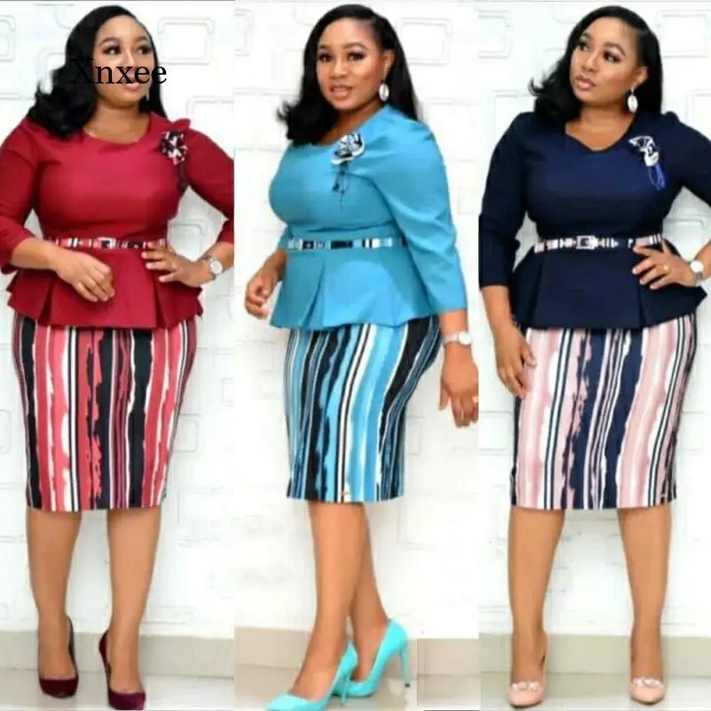 

Stripe Print African Dresses for Women Party Fake Two Piece Robe African Clothes Summer Africa Bodycon Dress Outfit