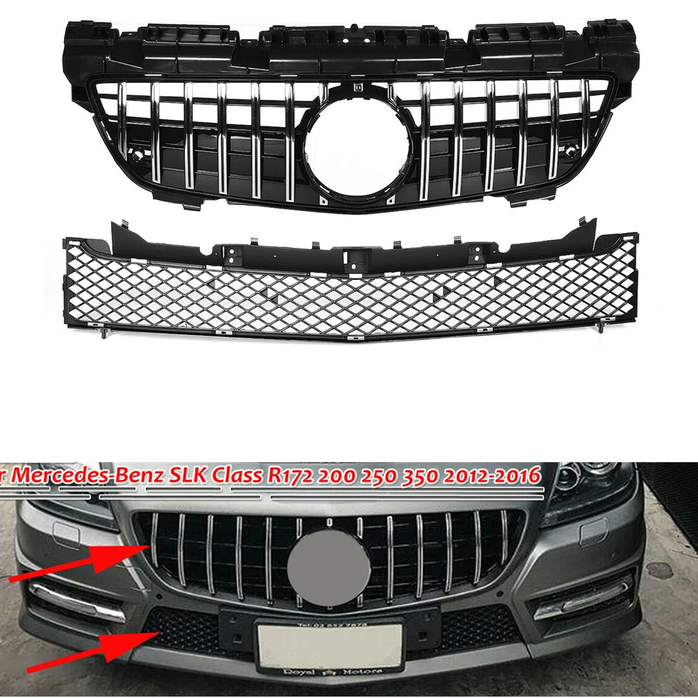 

For Mercedes Benz SLK R172 SLK200 SLK250 SLK350 2012-2016 GT Style Silver/Black Front Upper Grille+Lower Grill Bumper Hood Mesh