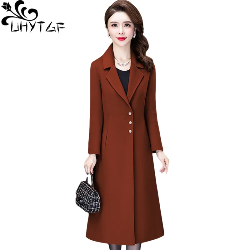 UHYTGF High-End Women Autumn Winter Wool Clothes Fashion Single Breasted Slim Big Size Windbreaker Elegant Female Long Coat1941