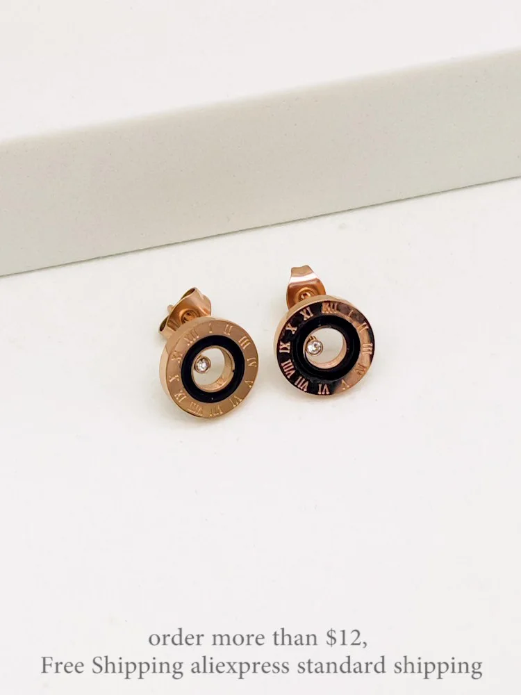 Lokaer Stainless Steel Black Acrylic Circle Roman Numeral Wedding Earrings For Women Rose Gold Plated CZ Crystl Earrings E19049