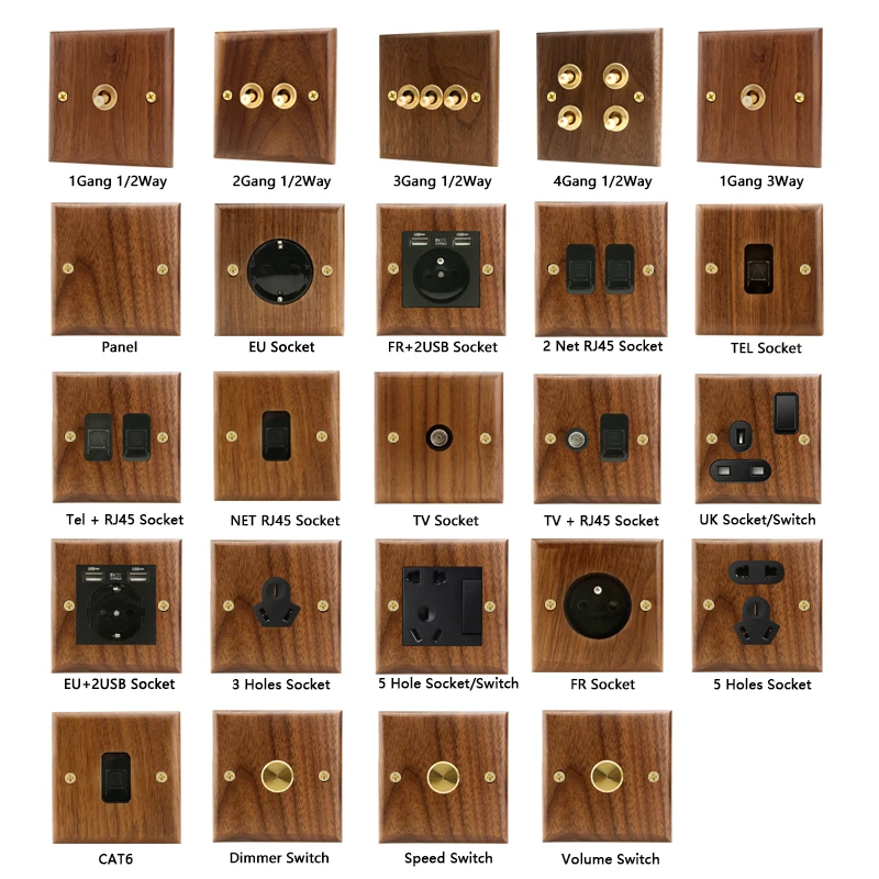 Avoir Black Walnut Toggle Switch 1-4 Gang 2 Way Usb Wall Power Socket Solid Wood Panel LED Lighting Dimmer Switch Use For Home