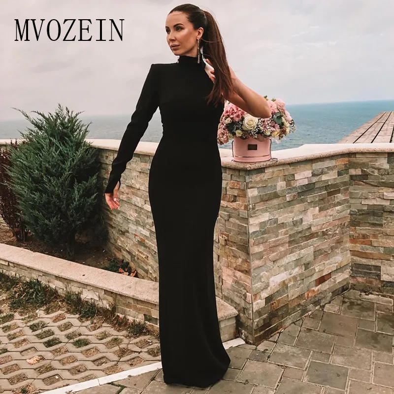 

vestidos Sexy Black Evening Dresses Long Satin High Collar One Shoulder Sleeves Evening Dress 2019 Formal Gowns robe de soiree
