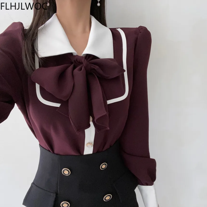 Women\'s Cute Bow Tie Tops Preppy Style Vintage Japan Korea Design Single Breasted Button Elegant Formal Red Black Shirts Blouses