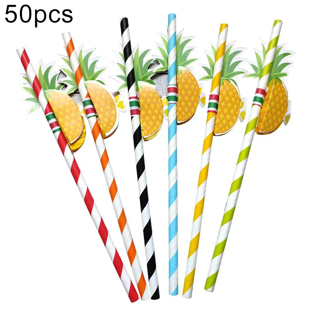 Pajitas desechables de papel de piña, suministros para fiesta de cumpleaños, Bar, 50 unids/set por juego