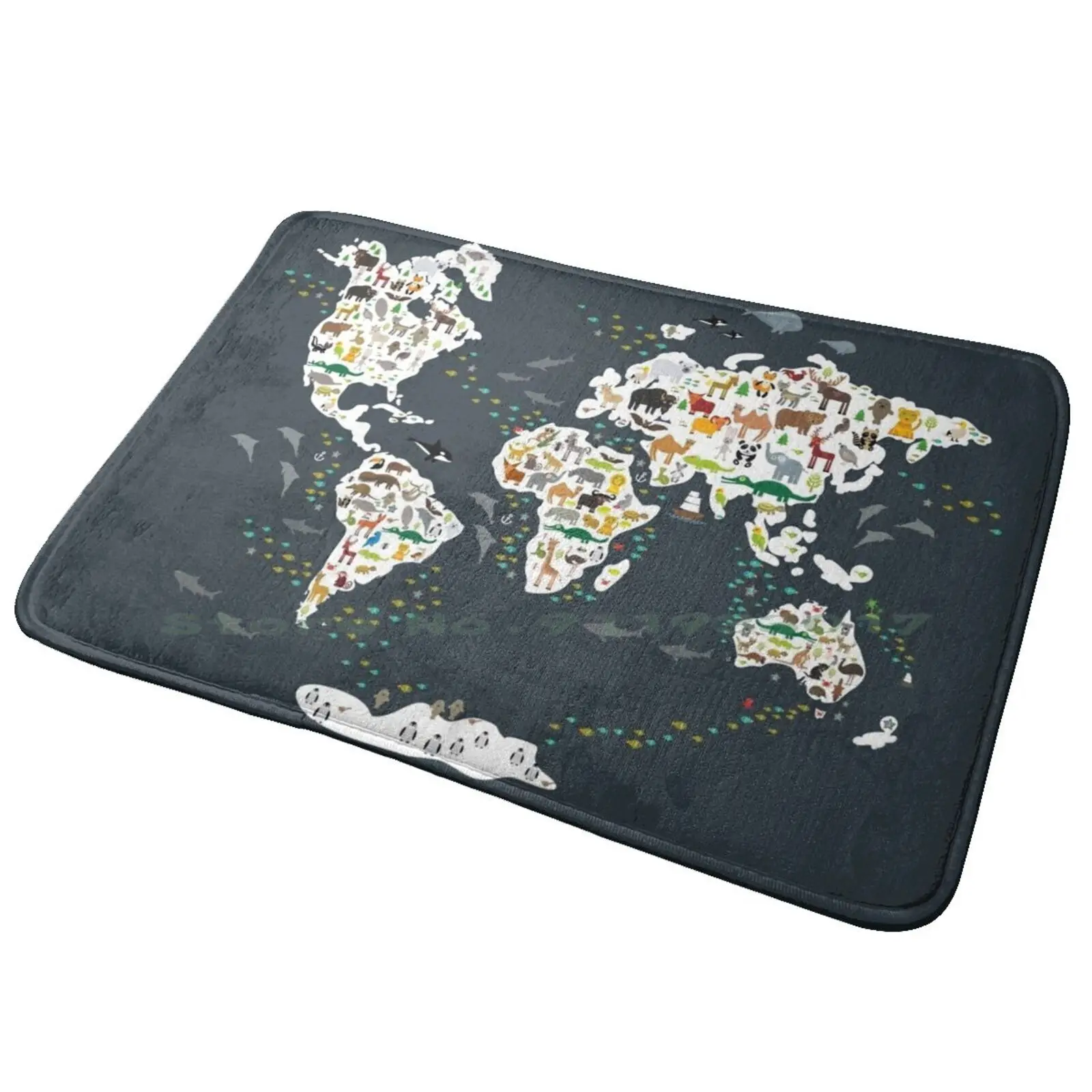 Cartoon Animal World Map Back To Schhool. Animals From All Over The World Dark Grey. Scandinavian Decor Entrance Door Mat Bath