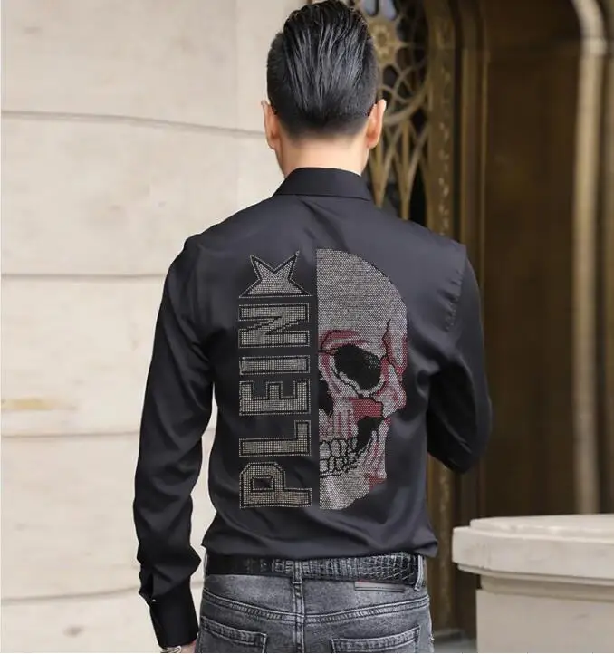 Rhinestones Mens Skulls Shirts Diamond Anime Long Sleeve Button Hot drill Cotton   Men