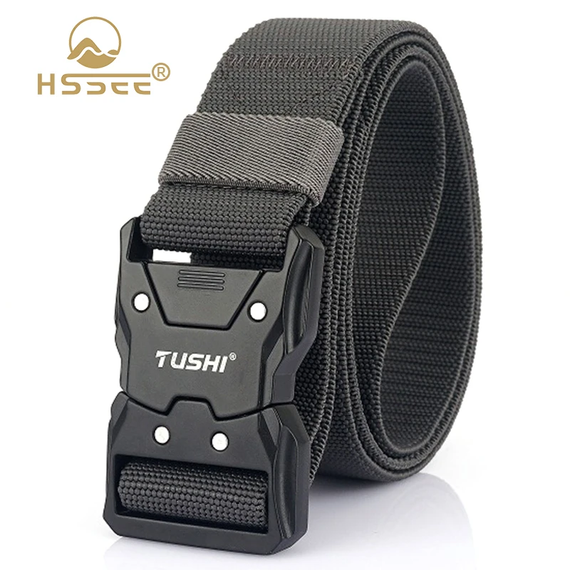 HSSEE New Men\'s Elastic Tactical Belt Hard Metal Buckle Quick Unlock Military Army Belt Outdoor Casual Girdle Male Waistband