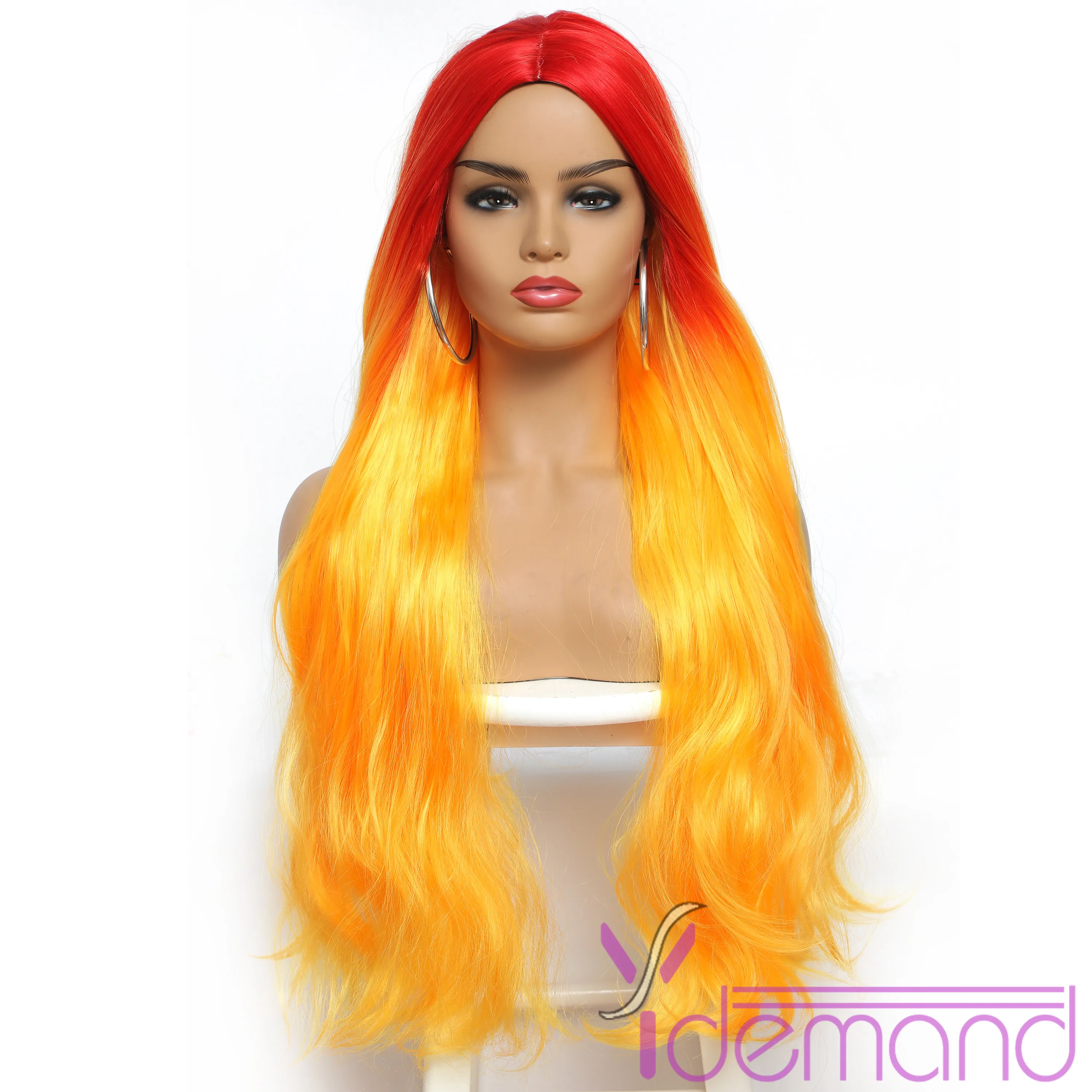 Pelucas de cabello sintético naranja degradado súper largo para mujer, parte media, pelucas de Cosplay onduladas, peluca de cabello Natural