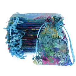 100pcs/lot 7x9, 9x12, 13x18, 17x23, 20x30cm Sea Blue Coral Organza Bags Drawstring Packaging Pouches For Jewelry Beads Gift Bags