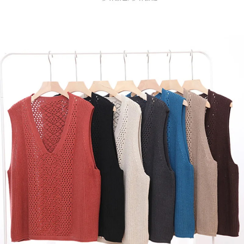 Vintage V Neck Knitted Sweater Vest Hollow Out Simple All-match Chic Autumn Korean Style Loose Female Pullovers Sleeveless Vest