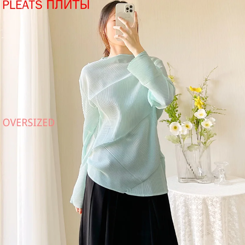 Women's Long-Sleeved Pleated Top, High-end T-shirt, Sense of Niche Design, Long-Sleeved, New Style, Spring