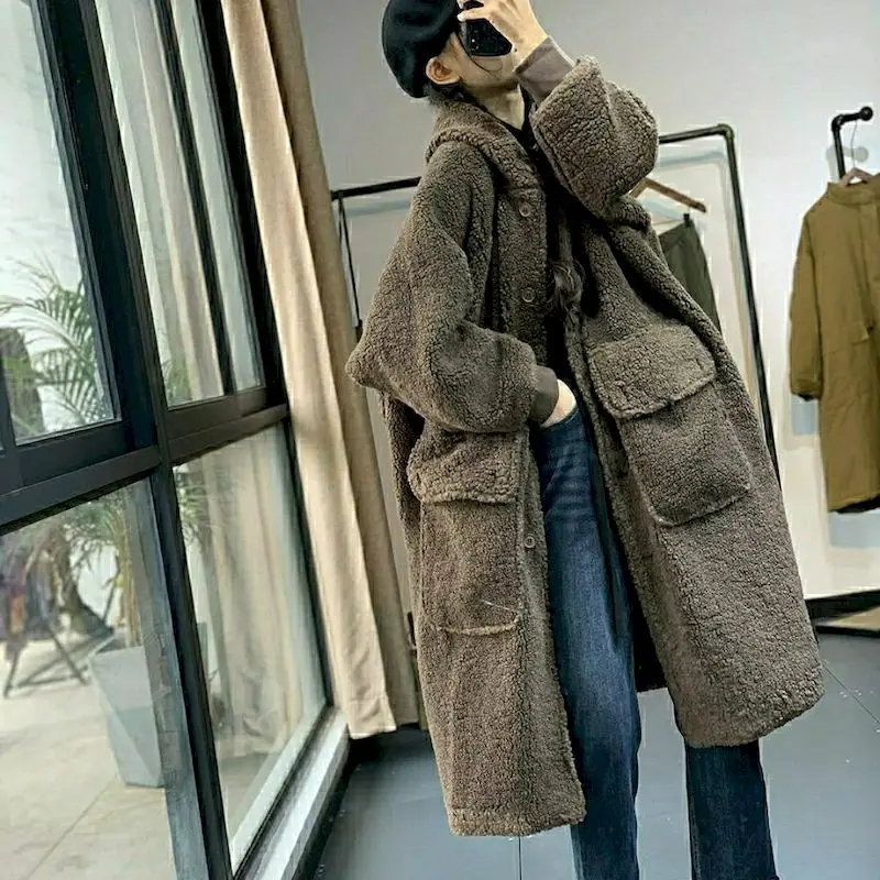 

Winter Original Literary Style Hoodies Women Fashion Loose Oversized Casual Thick Lamb Velvet Hooded Cardigan Jacket Womens Coat