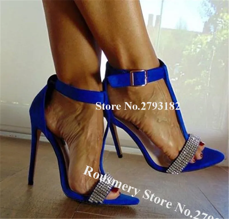 Women Charming Bling Bling Rhinestone Straps Stiletto Heel Gladiator Sandals Blue Suede T-strap High Heel Sandals Dress Heels