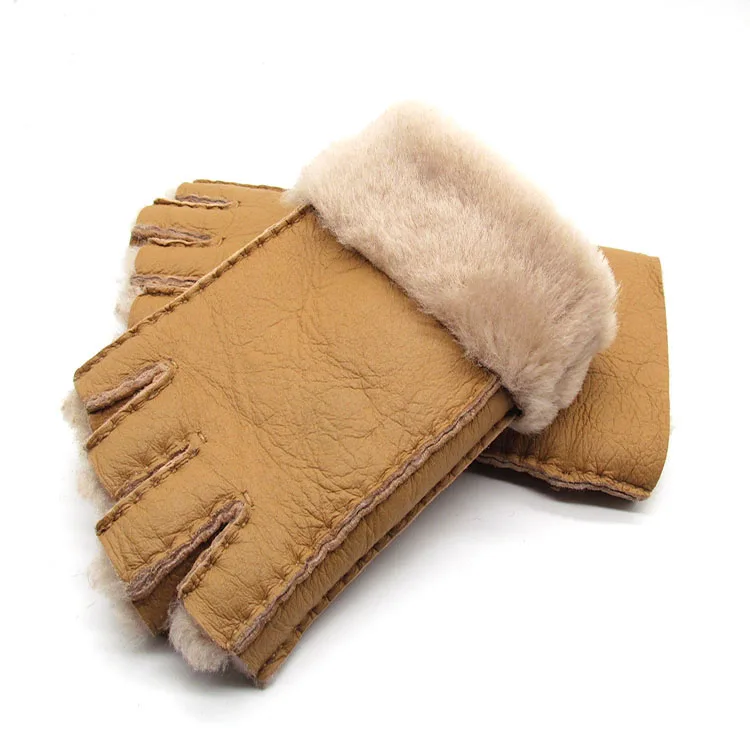 Men women autumn winter thicken warm natural one piece wool fur leather glove winter wool fur mitten half finger fur glove R3385