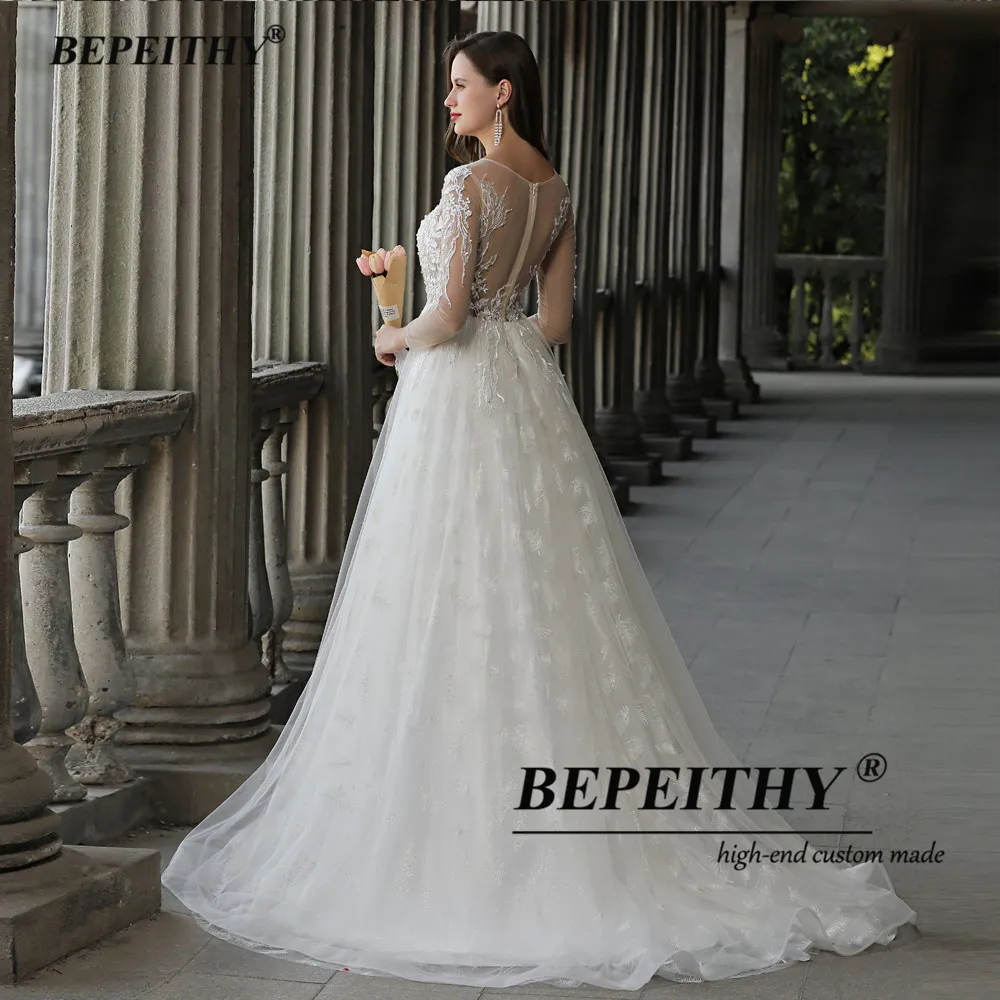 BEPEITHY Customized O Neck Lace Skirt Wedding Dresse For Women Long Sleeves Open Back Boho A-line Bridal Gowns Vestidos De Novia