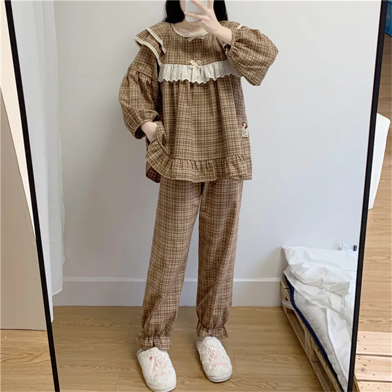 Spring Soft Loose Checkered Pyjamas Women Ruffles Plaid Pajamas Set Female Long Sleeve Lace Side Casual Vintage Pjs Homewear