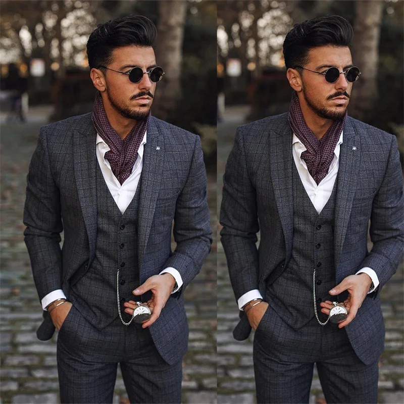 

2020 British Gentleman Mens Suits 3 Piece (Coat+Vest+Pants) Peaked Lapel Plaid Leisure Business Single-breasted Suit Hot Sale