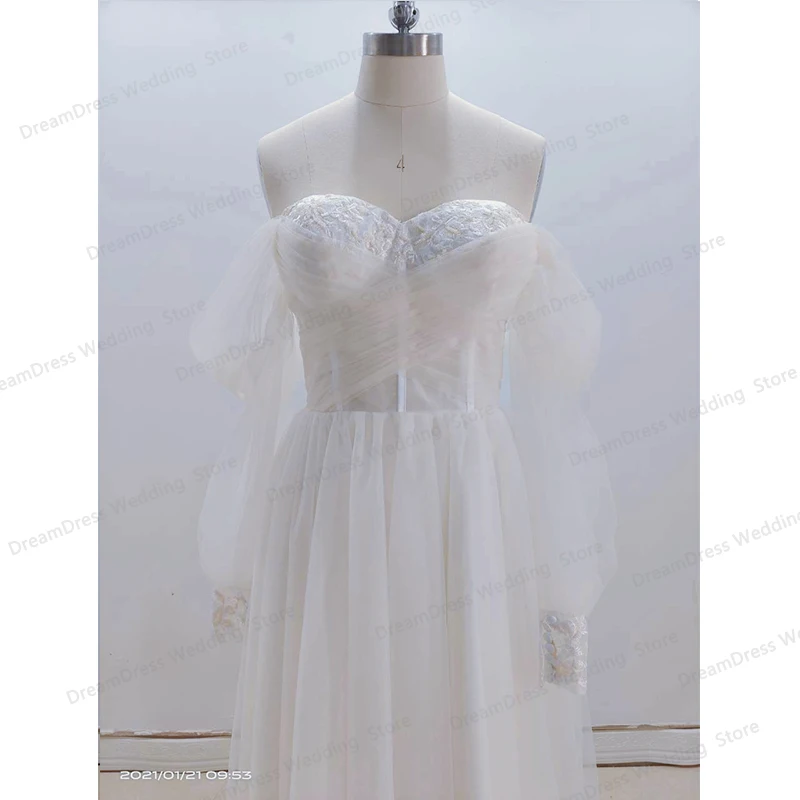 Short Champagne Wedding Dress 2023 Sweetheart Appliques Puff Sleeve A-Line Tulle Party Dress Ankle Length Robe De Fête For Women