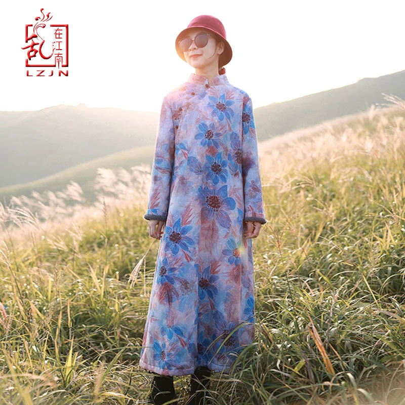 

LZJN New Vintage Women Autumn Winter Long Chinese Cheongsam Qipao Warm Fleece Lined Thicken Maxi Winter Dress Robe Vestidos