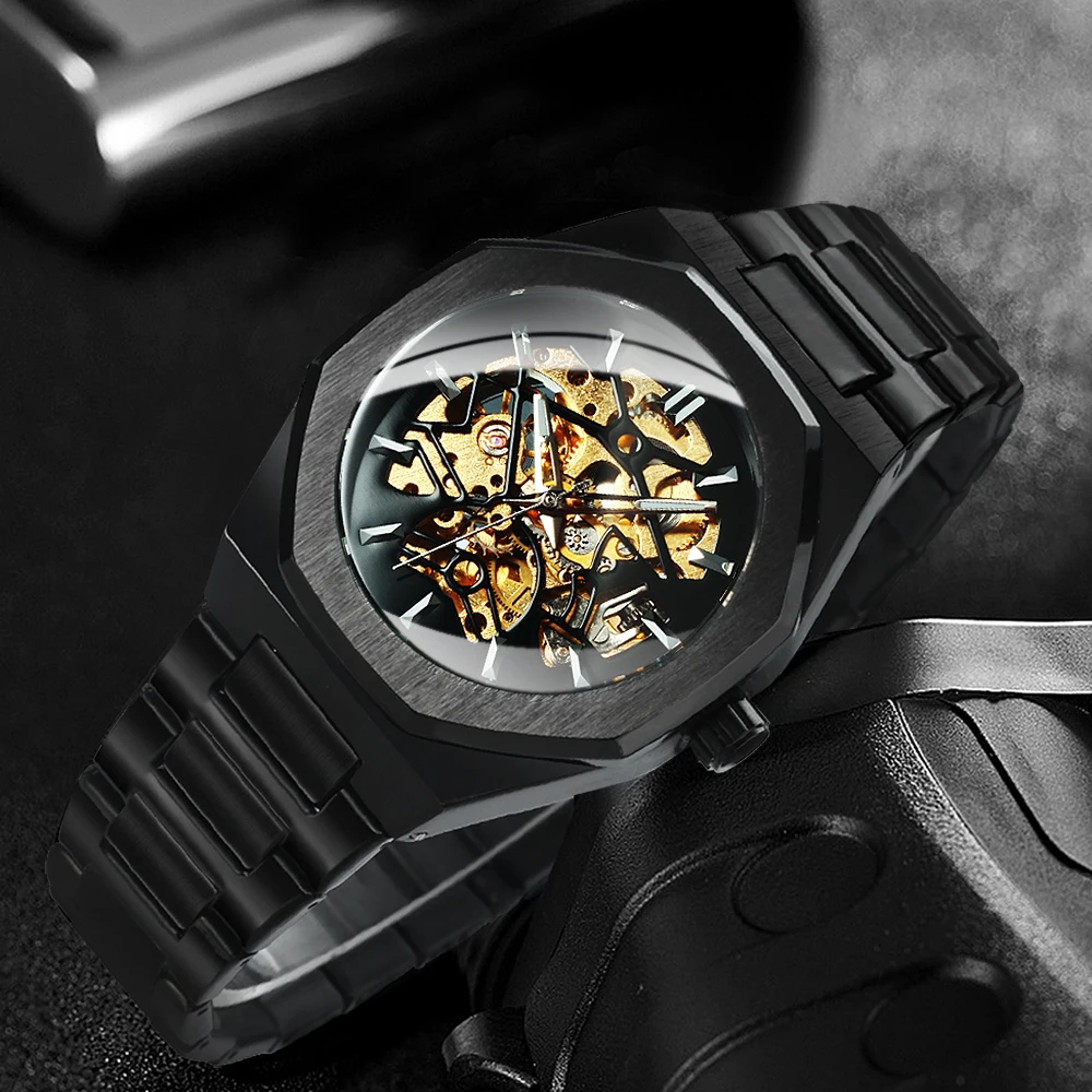 WINNER Black Gold Skeleton Mechanical Watches for Men Fashion irregular Automatic Watch Luxury Brand Stainless Steel Strap 2023