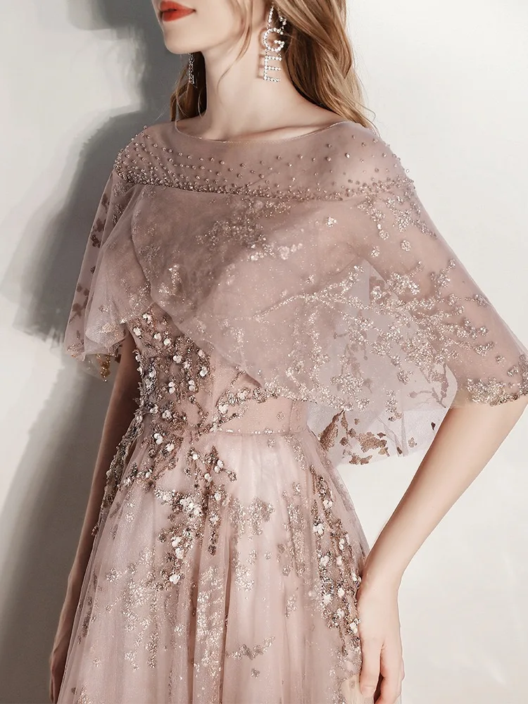 Neue Tüll lange Ballkleider halbe Ärmel Luxus Perlen schiere Hals Brautjungfer Kleid elegante Hochzeit Bankett formelle Kleid Party