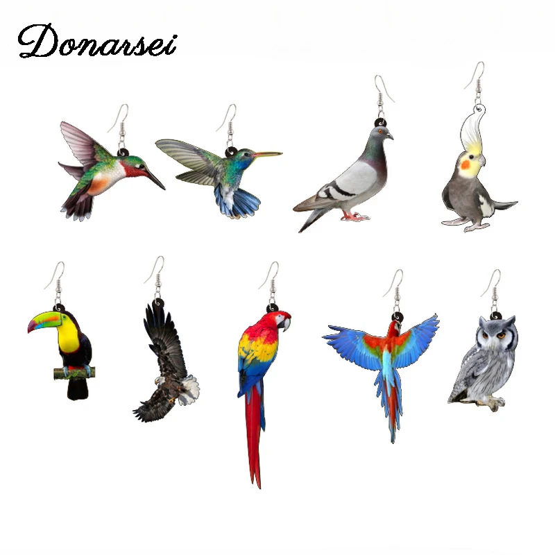 Donarsei Cute Acrylic Bird Earrings For Women Funny Hummingbird Pigeon Eagle Owl Parrot Animal Drop Earrings Novelty Jewelry