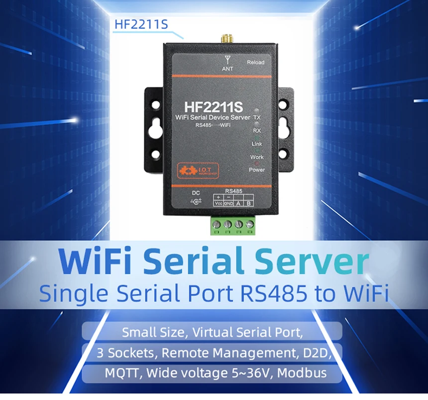 HF2211S Industrial Serial Modbus RS485 to WiFi Converter TCP IP Telnet Modbus MQTT 2M Flash Serial Server