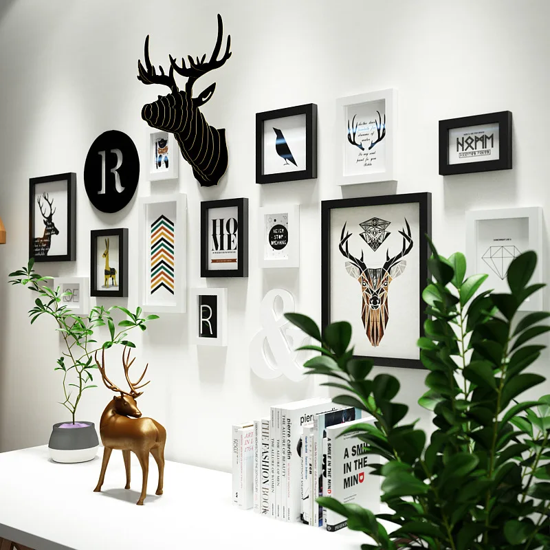 16pcs Boutique Nordic Style Elk Head Solid Wood Photo Frame Wall Stickers Home Decoration Ornaments