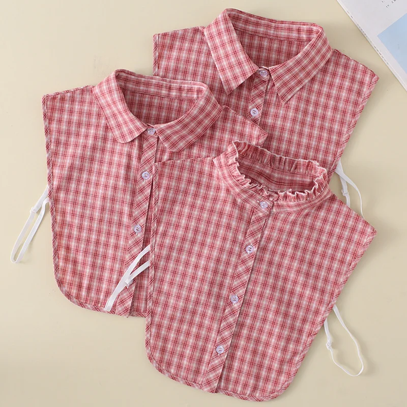 Womens Detachable Fake False Collar Pink Color Plaid Check Half Shirt Blouse Adjust Clothes Accessories