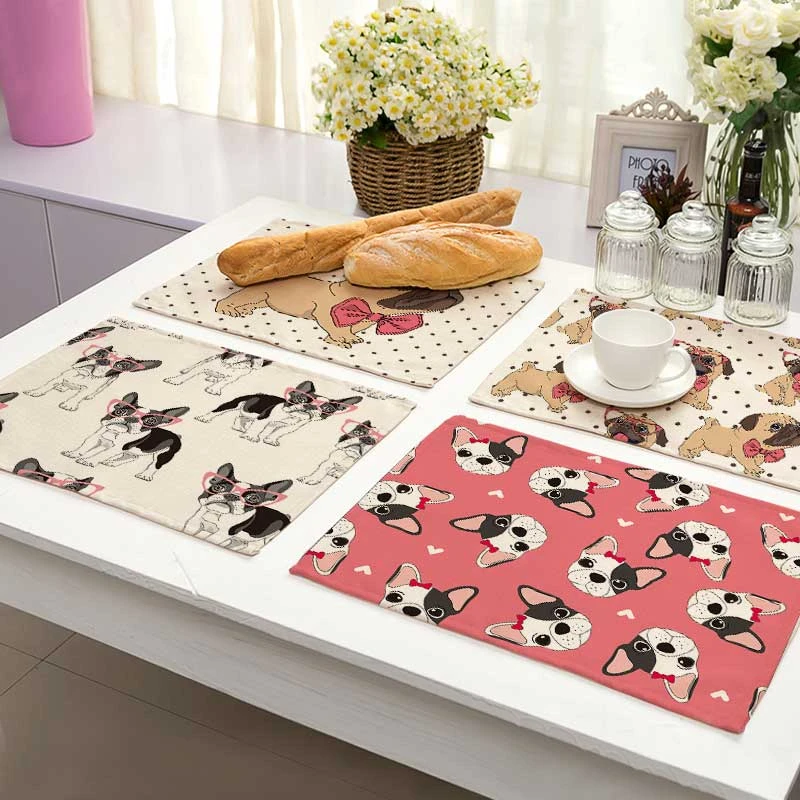 Pug Hond Patroon Katoen Linnen Pad Eettafel Matten Coaster Kom Kop Mat Patroon Keuken Placemat 42*32Cm home Decor ML0020