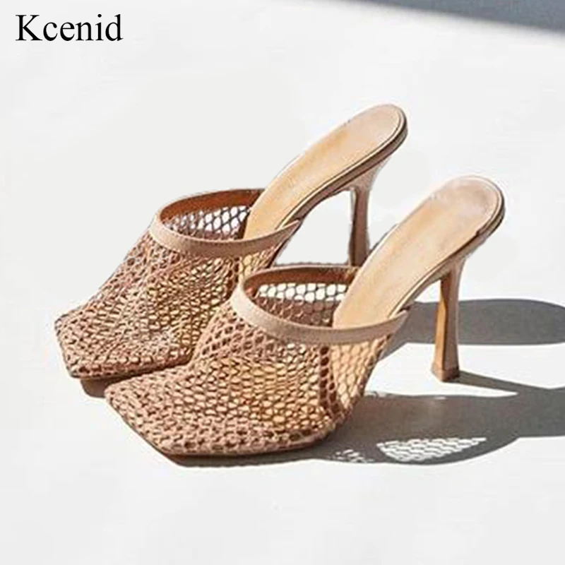 Kcenid New Summer Mules Shoes Women Sexy Hollow Mesh Square Toe Shoes For Women High Heels Summer Party Pumps Apricot Black